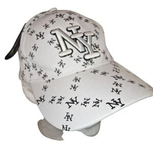NY White Baseball Cap All Over Print Embroidered Logo Wool Blend Adjustable‎